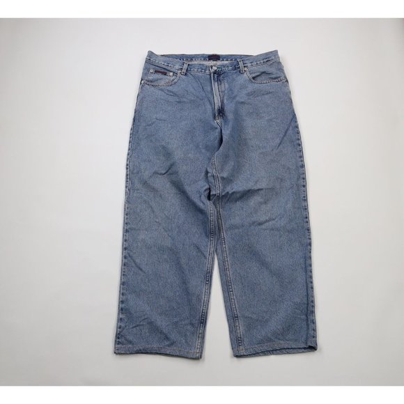 Vintage Tommy Hilfiger 38x28 Distressed Spell Out Loose Baggy Wide Leg Jeans